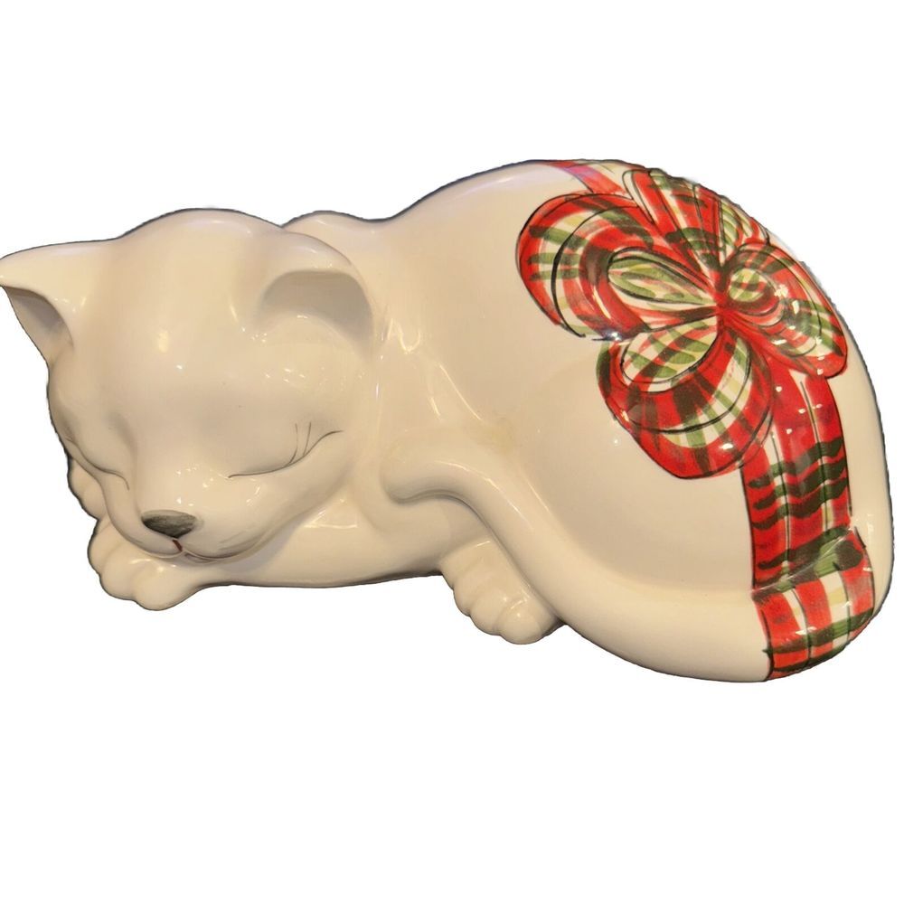 Porcelain Ceramic Christmas Cat With Red green Plaid Bow By Enesco Vintage Rare